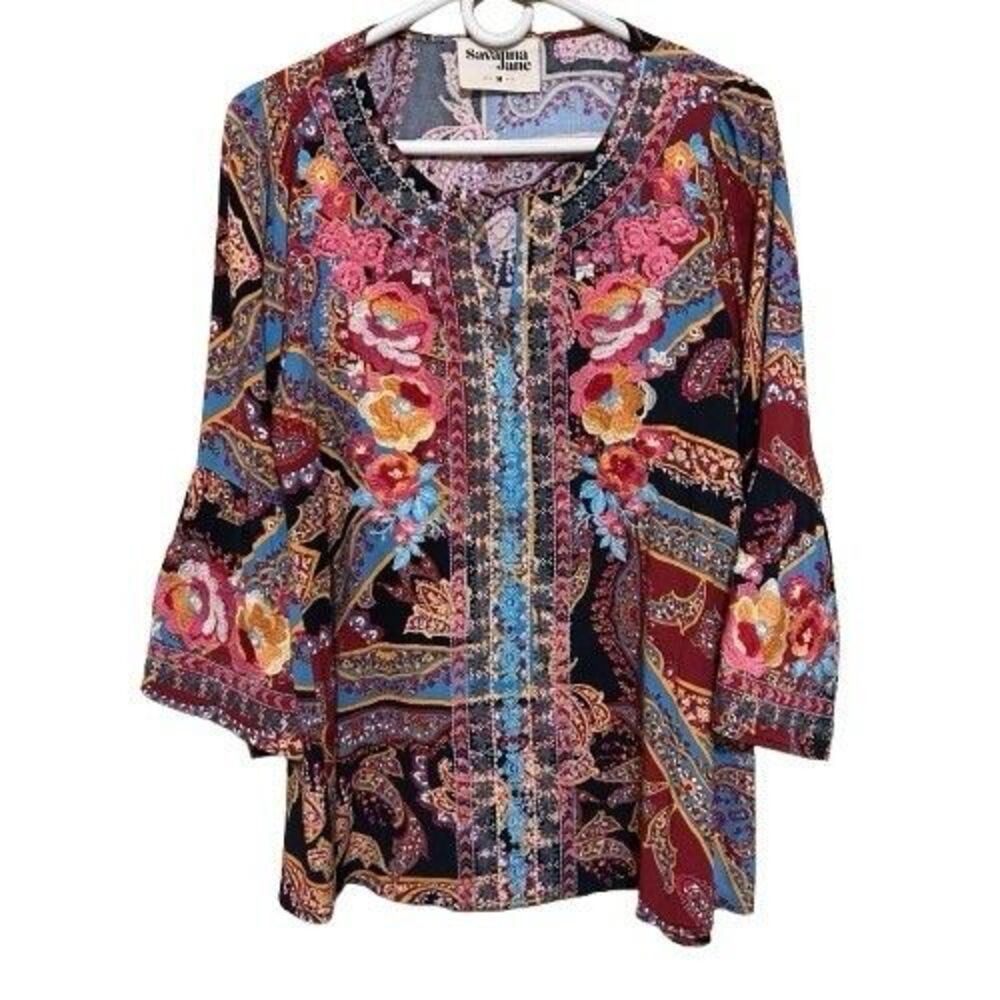 Savanna Jane Sophia Embroidered Tunic Top Womens Medium Black Floral Boho